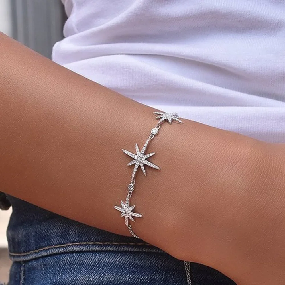 New Beautiful Sterling Silver Diamond Triple Star Bracelet